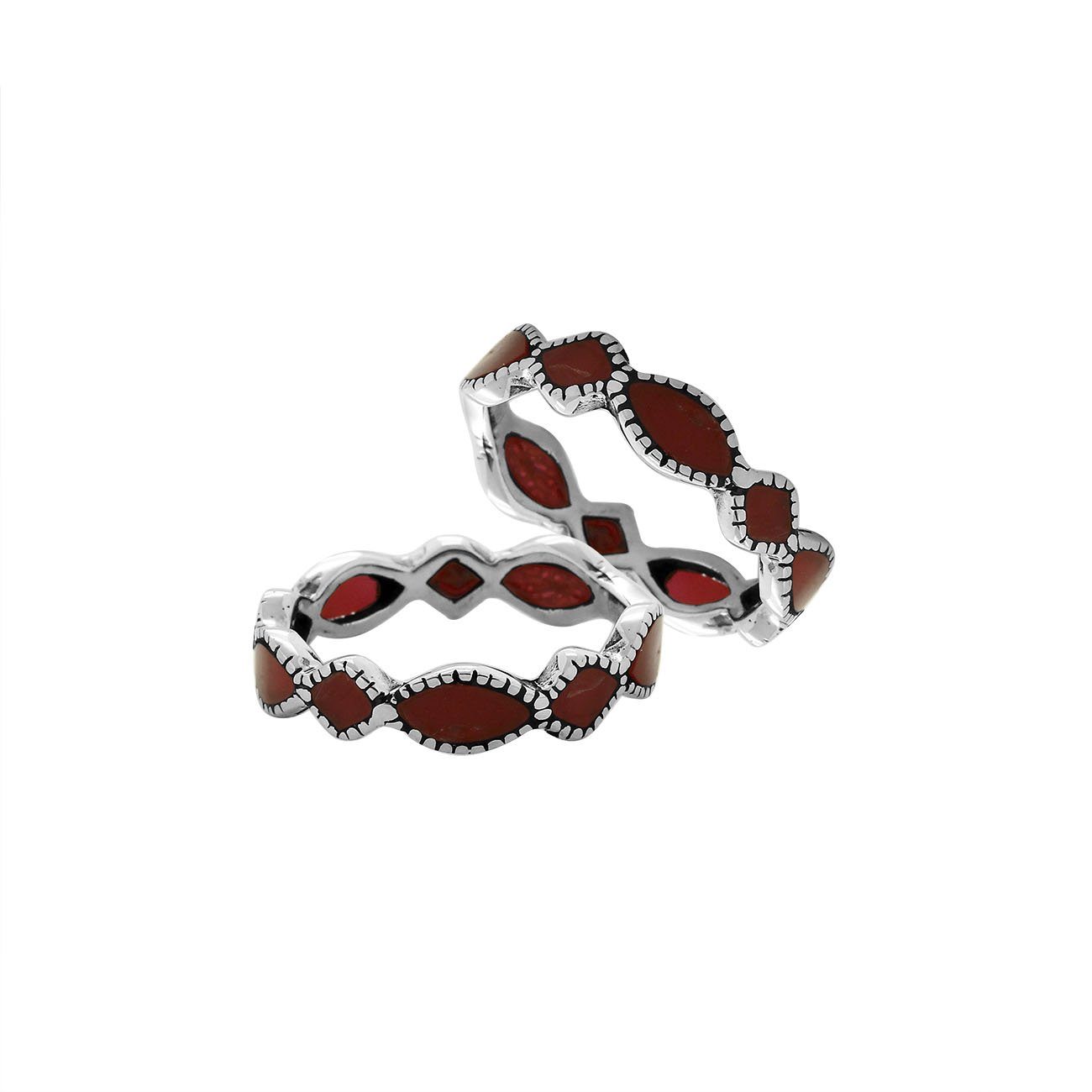 Sterling silver wave pattern ring with Red Coral inlay and Balinese detailing