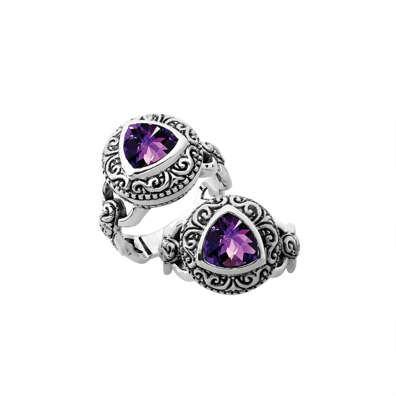 Sterling silver Balinese design ring with triangle shape Amethyst Quartz stone