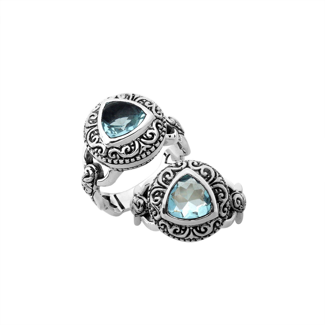 Sterling silver Balinese design ring with triangle shape Blue Topaz Quartz stone