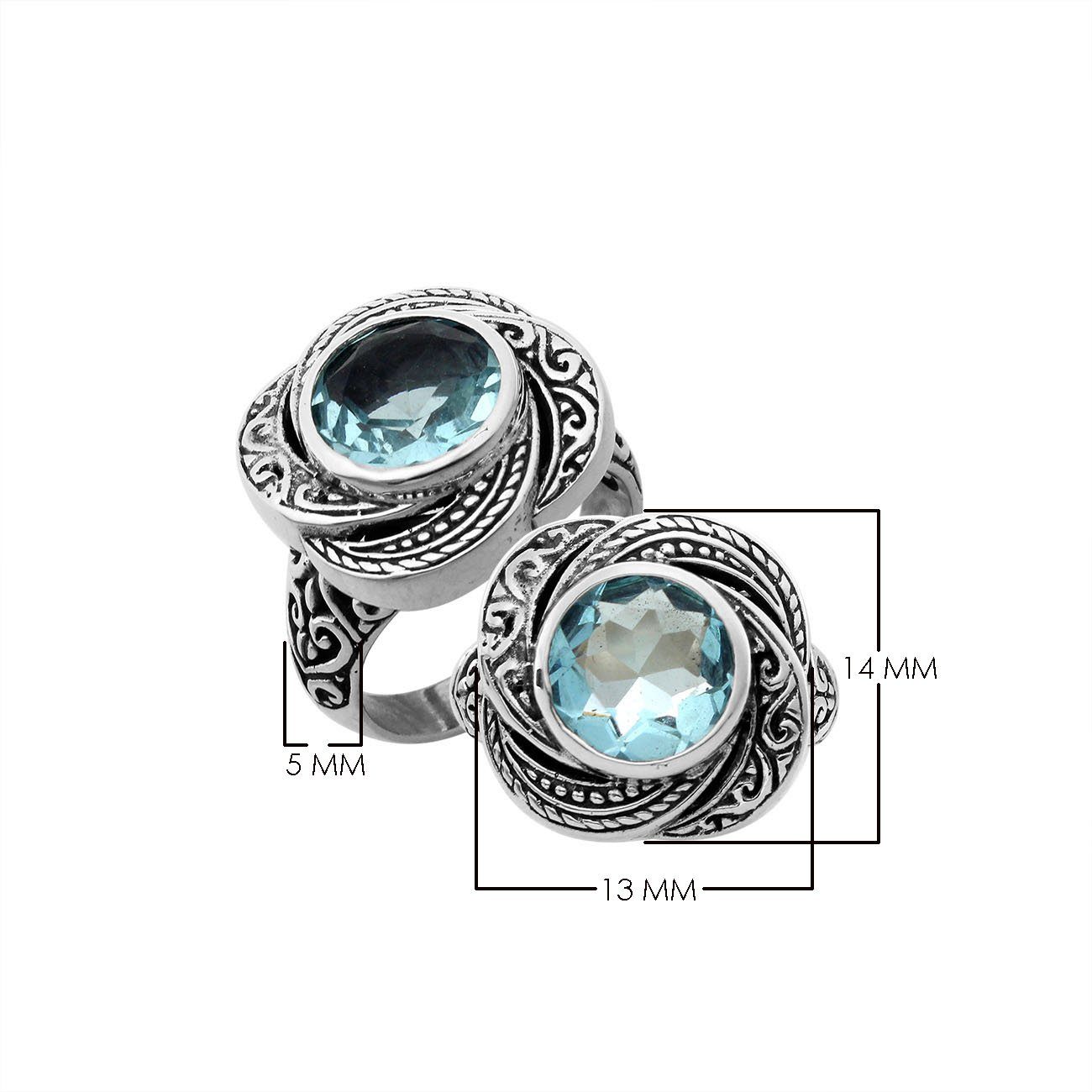 Sterling silver Balinese design ring with round shape Blue Topaz stone