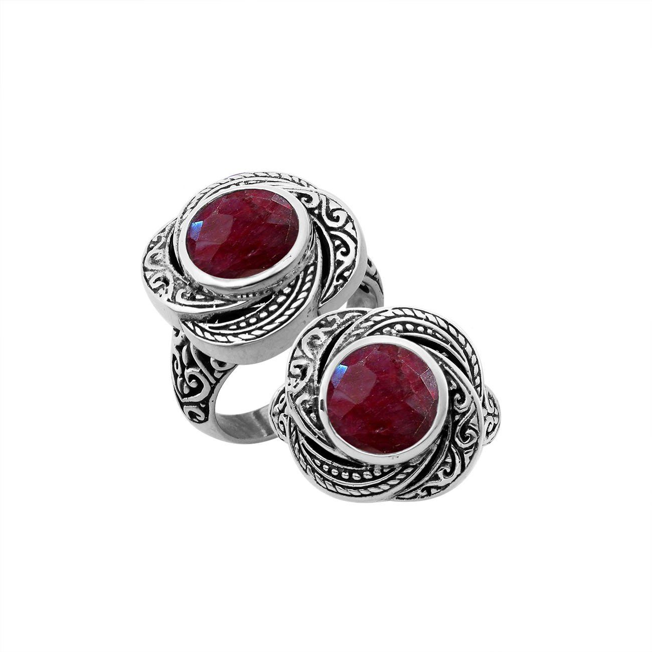 Sterling silver Balinese design ring with round shape Ruby stone
