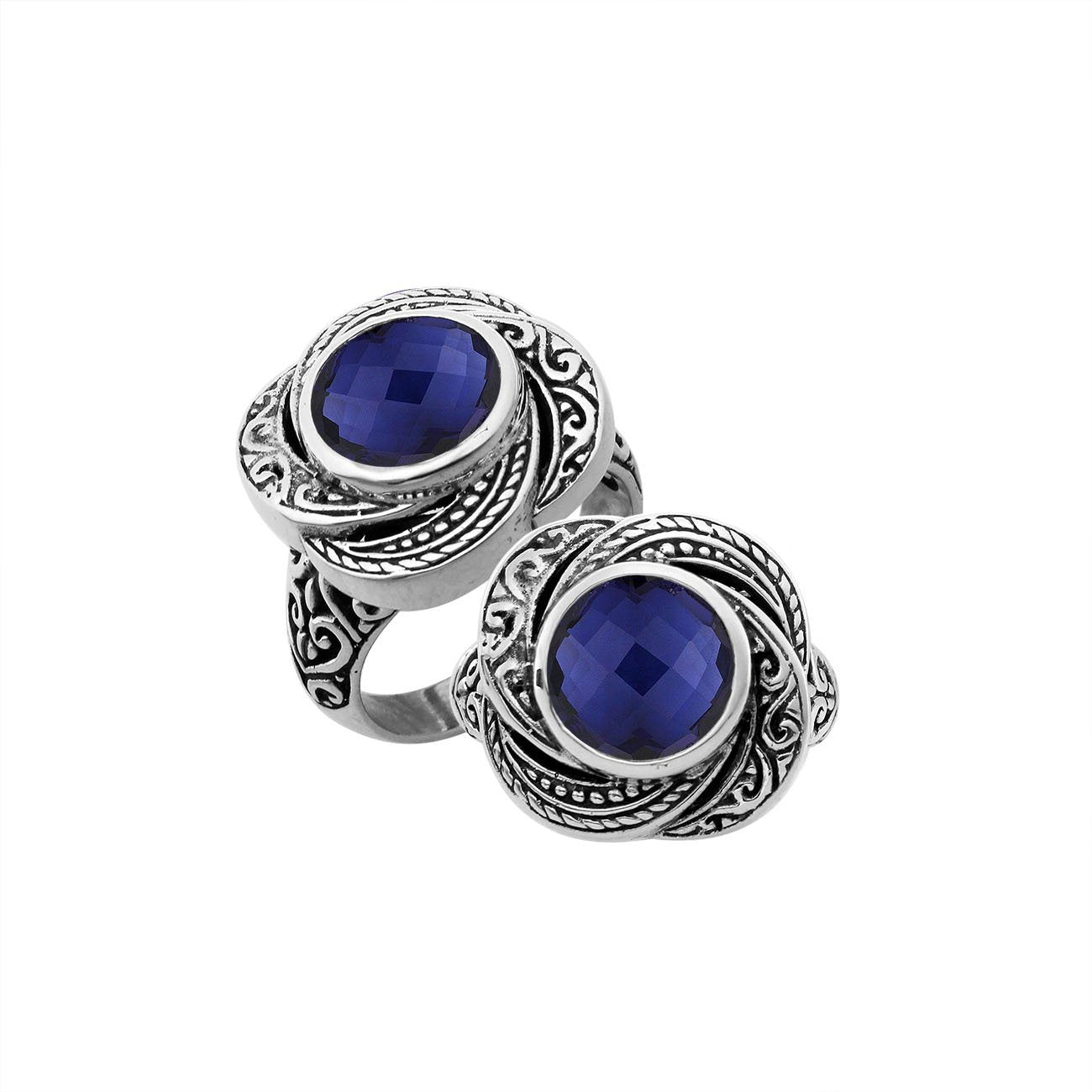 Sterling silver Balinese design ring with round shape Sapphire stone