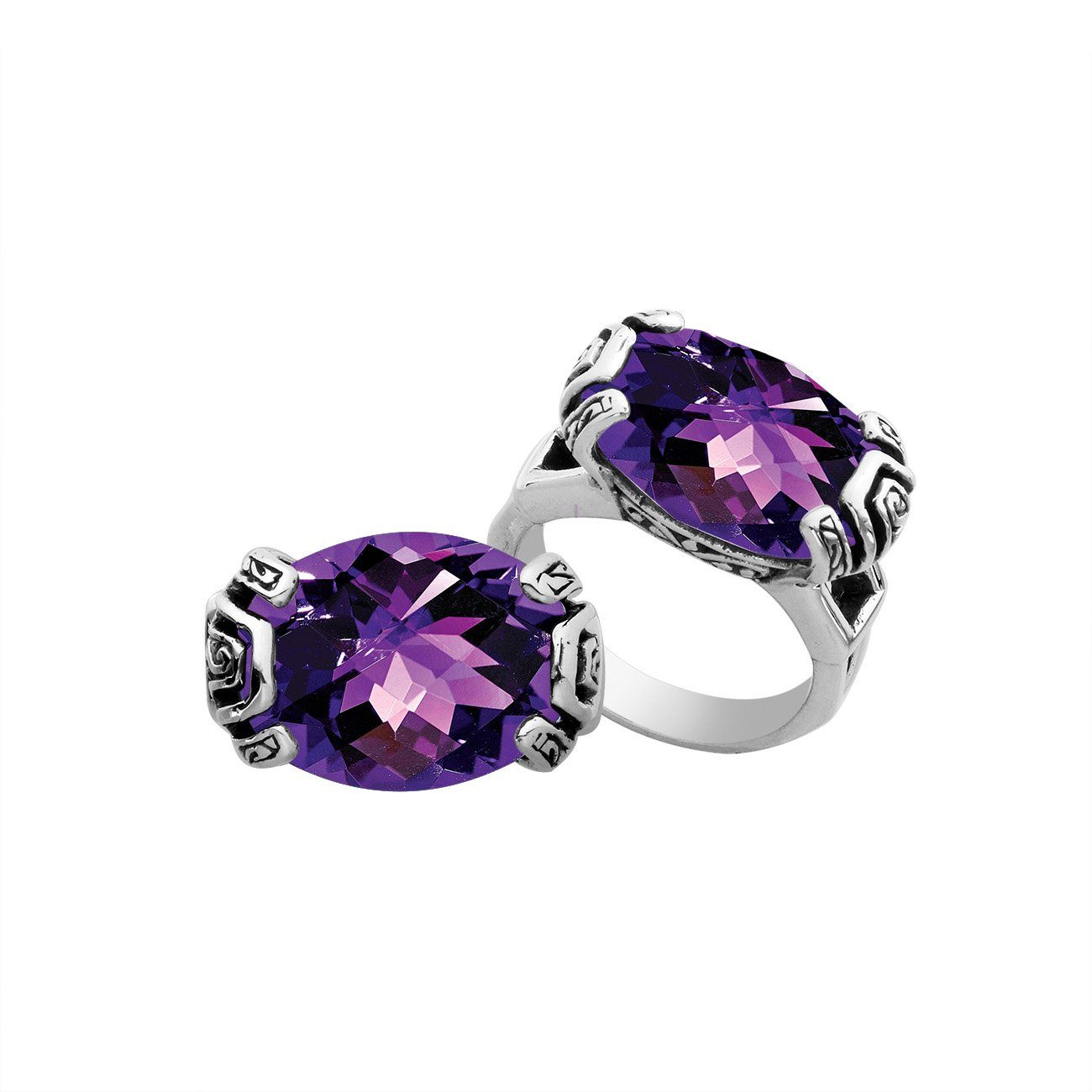 Sterling silver Balinese design ring with oval shape Amethyst Quartz stone