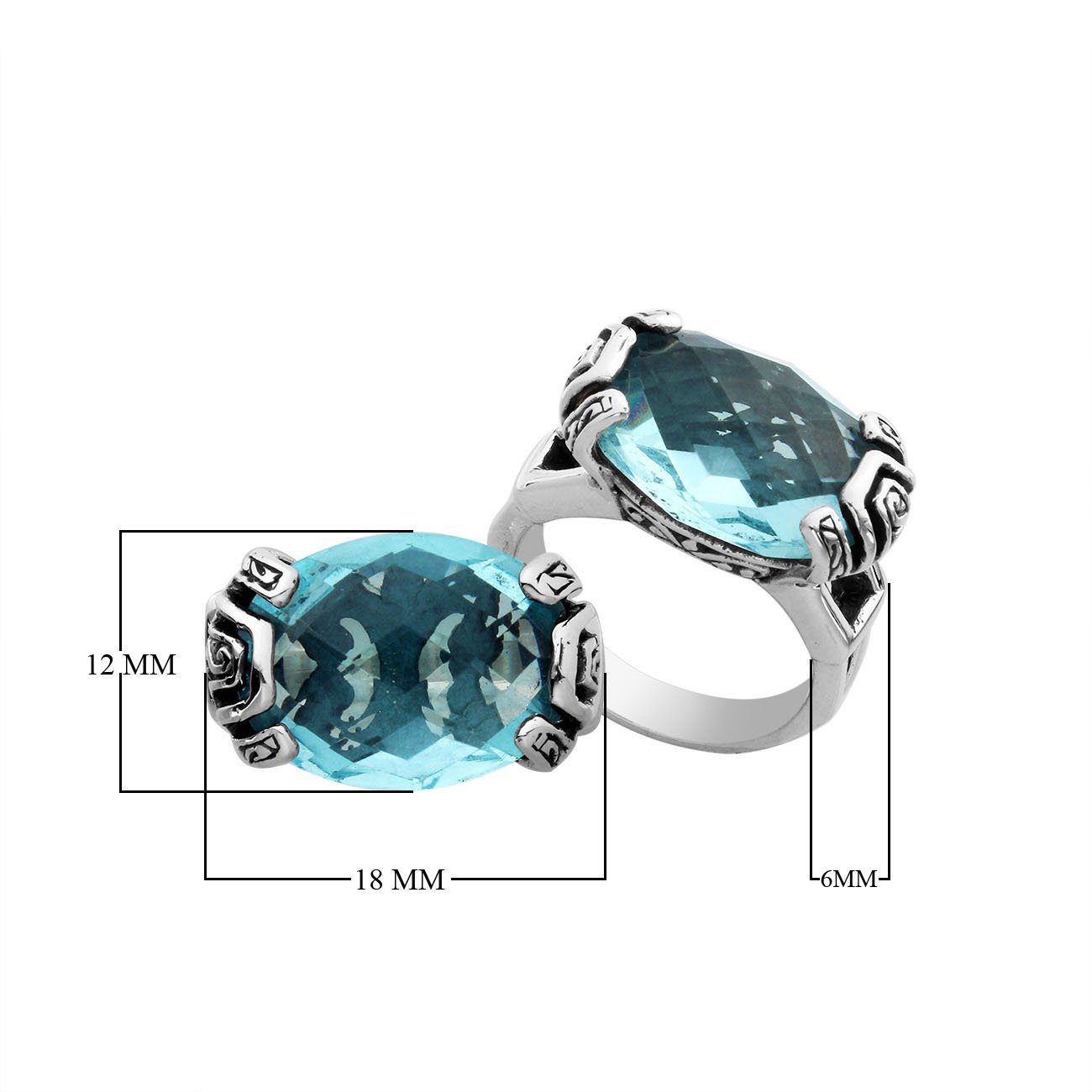 Sterling silver Balinese design ring with oval shape Blue Topaz Quartz stone