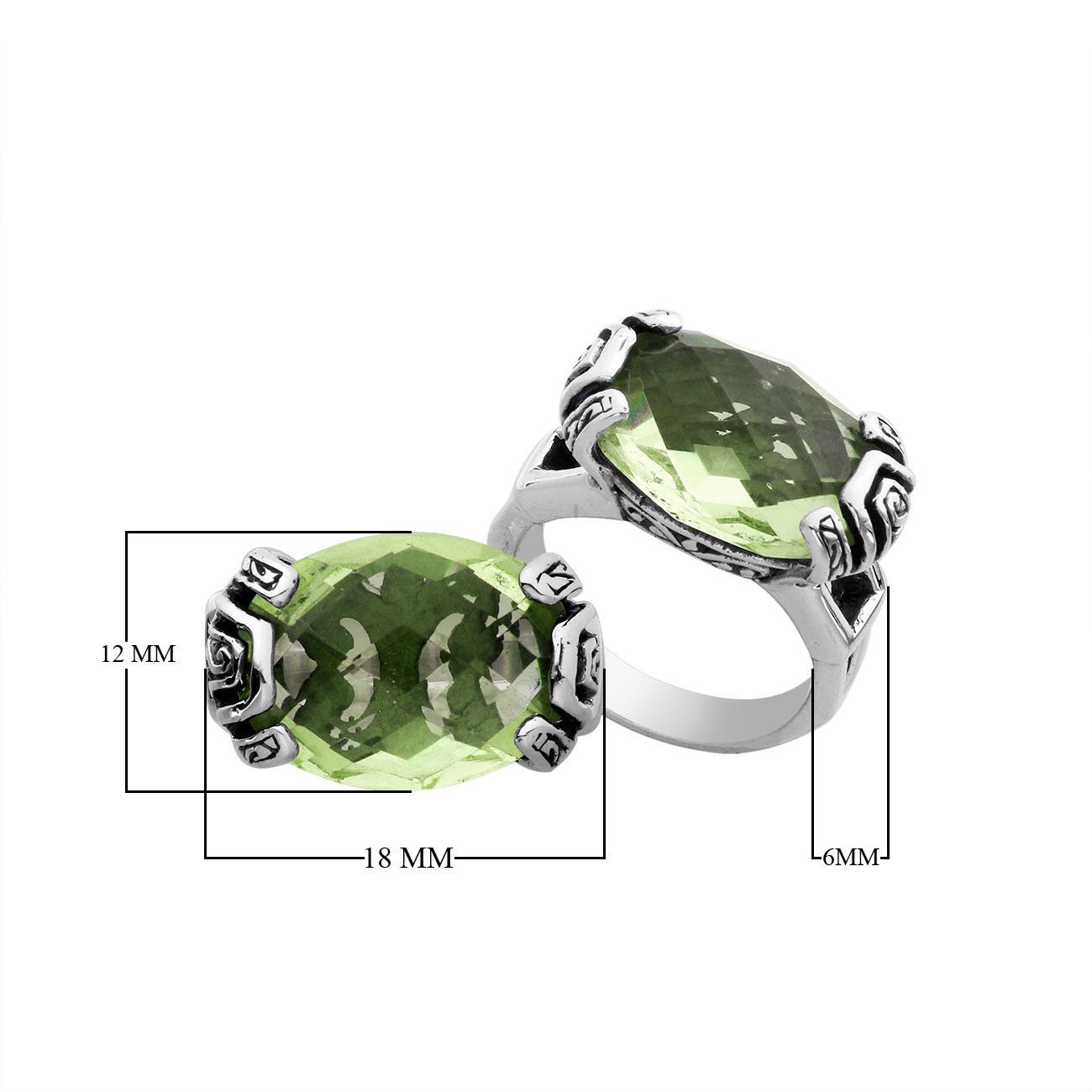 Sterling silver Balinese design ring with oval shape Green Amethyst Quartz stone