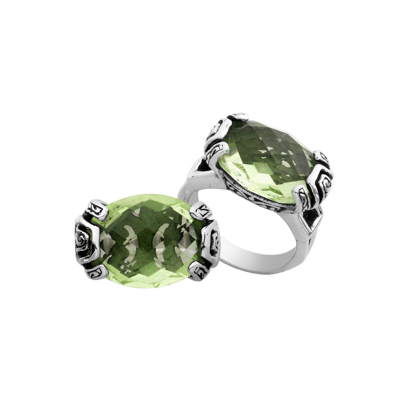 Sterling silver Balinese design ring with oval shape Green Amethyst Quartz stone
