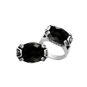 Sterling silver Balinese design ring with oval shape Black Onyx stone