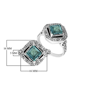 Sterling silver Balinese design ring with square shape Blue Topaz Quartz stone