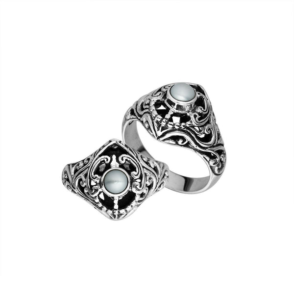 AR-6296-PE-6" Sterling Silver Ring With Round Mabe Pearl Jewelry Bali Designs Inc 