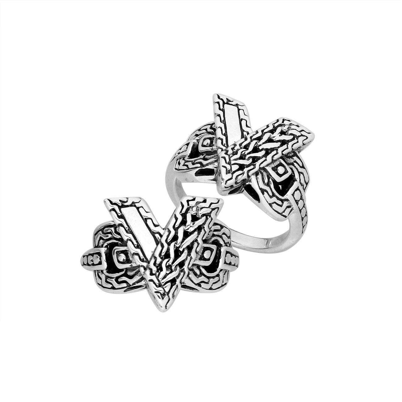 Sterling Silver Handcrafted Balinese crossover pattern ring with oxidized artistic detailing