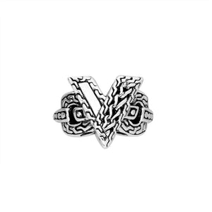 Sterling Silver Handcrafted Balinese crossover pattern ring with oxidized artistic detailing