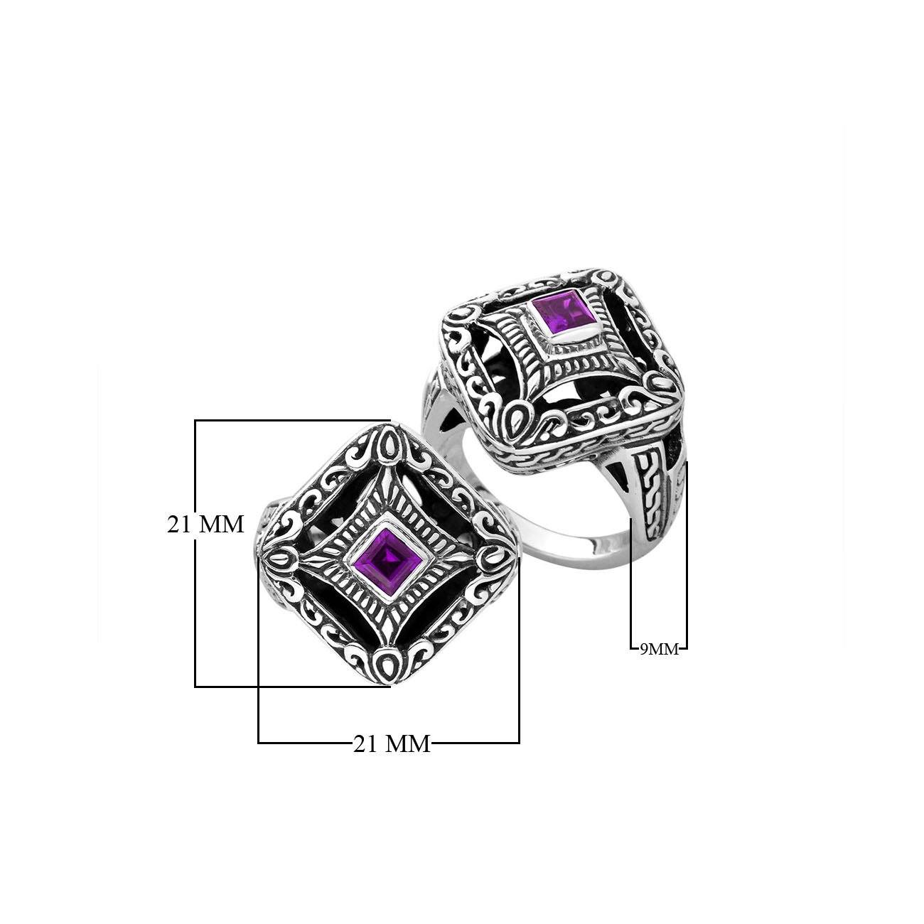 Sterling silver cushion shape ring with Amethyst Quartz in Balinese design