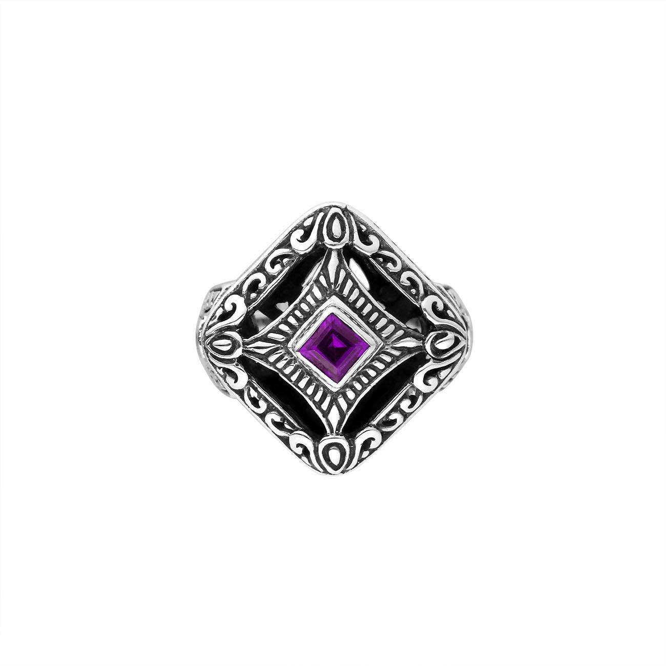 Sterling silver cushion shape ring with Amethyst Quartz in Balinese design