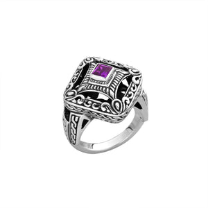 Sterling silver cushion shape ring with Amethyst Quartz in Balinese design