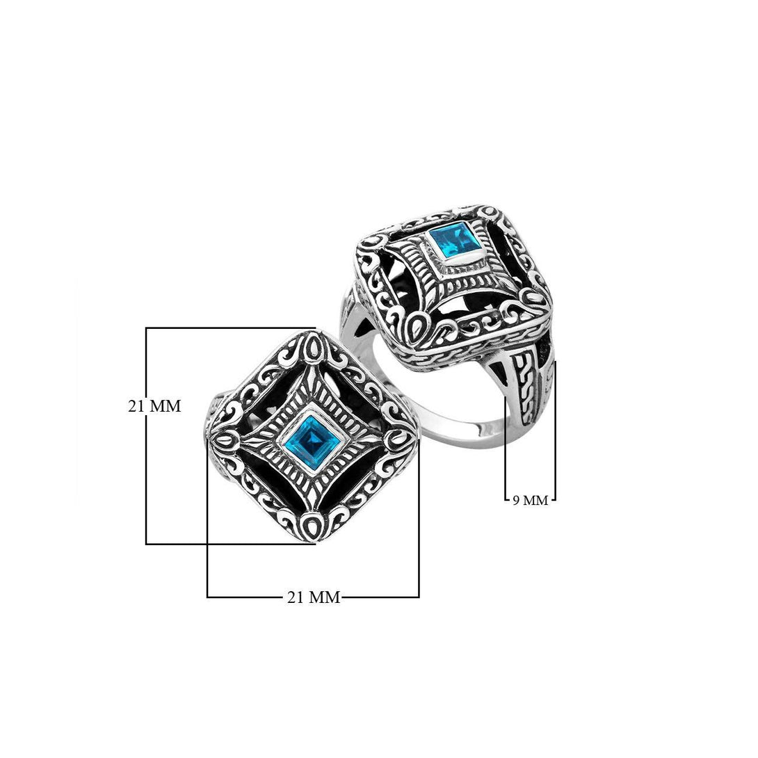 Sterling silver cushion shape ring with Blue Topaz Quartz in Balinese design