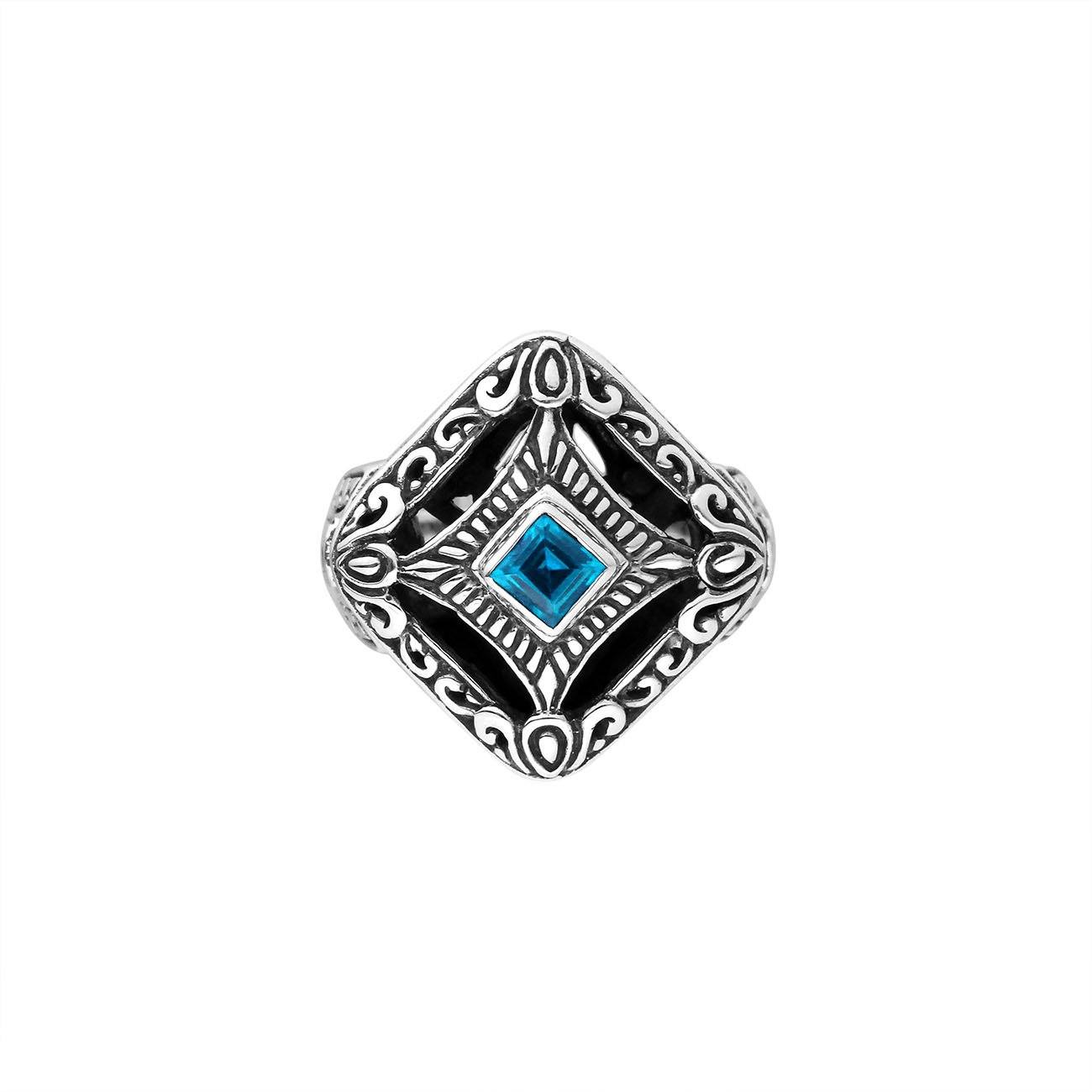 Sterling silver cushion shape ring with Blue Topaz Quartz in Balinese design