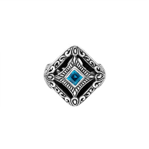 Sterling silver cushion shape ring with Blue Topaz Quartz in Balinese design