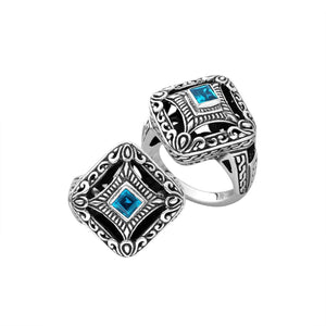 Sterling silver cushion shape ring with Blue Topaz Quartz in Balinese design