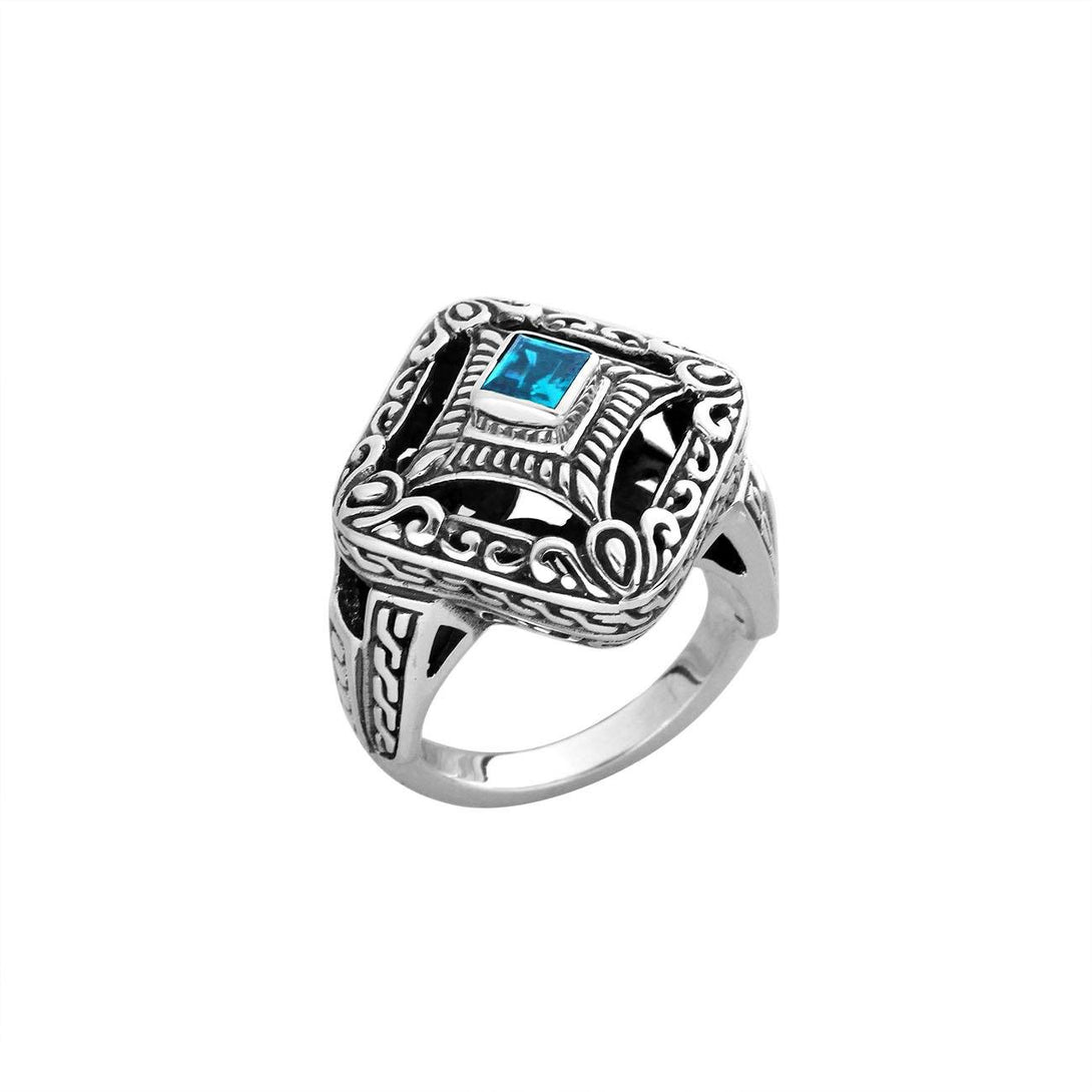 AR-6298-BT-7" Sterling Silver Cushion Shape Ring With Blue Topaz Jewelry Bali Designs Inc 