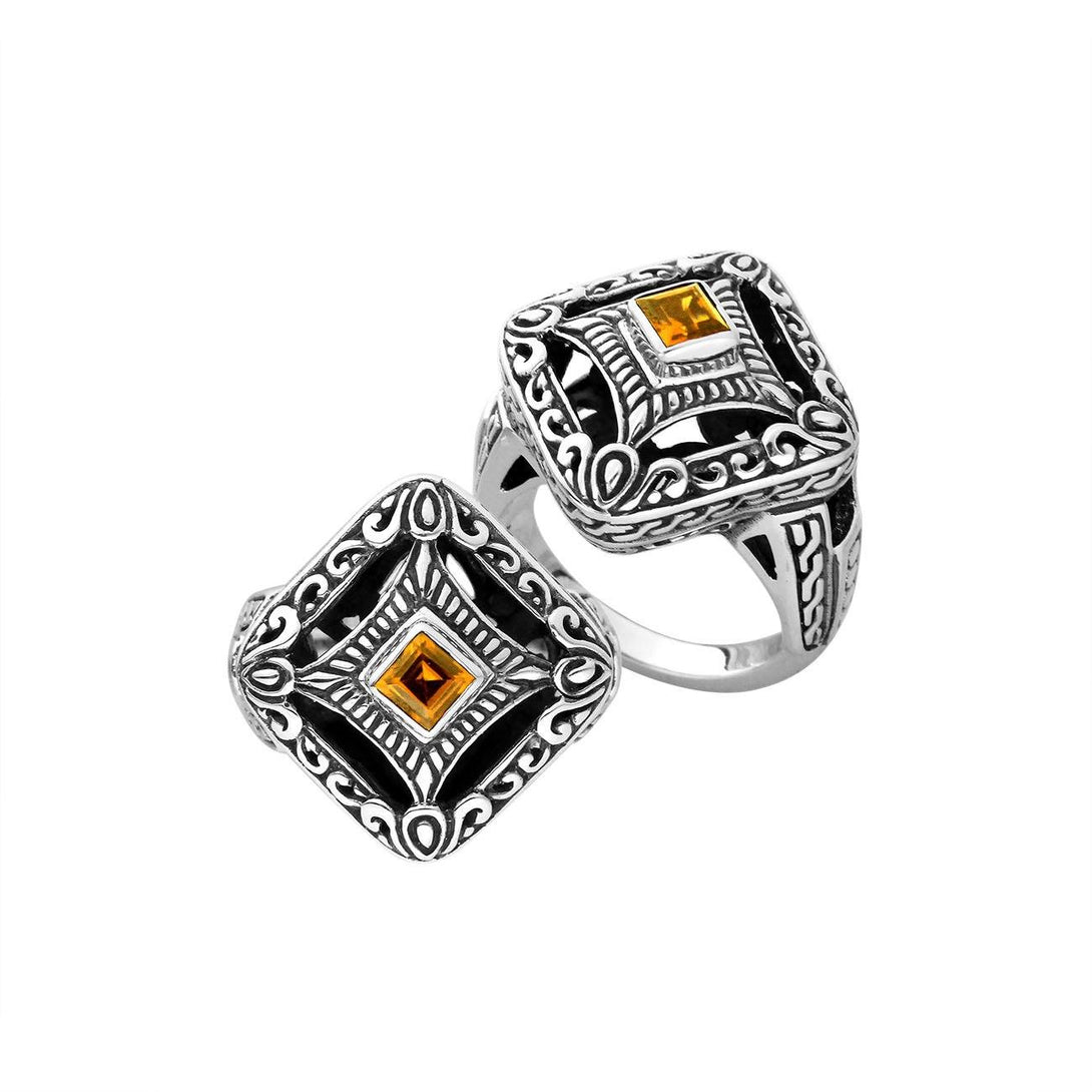Sterling silver ornate square face ring with Citrine Quartz in Balinese design