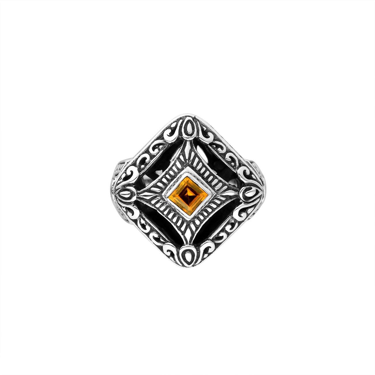 Sterling silver ornate square face ring with Citrine Quartz in Balinese design