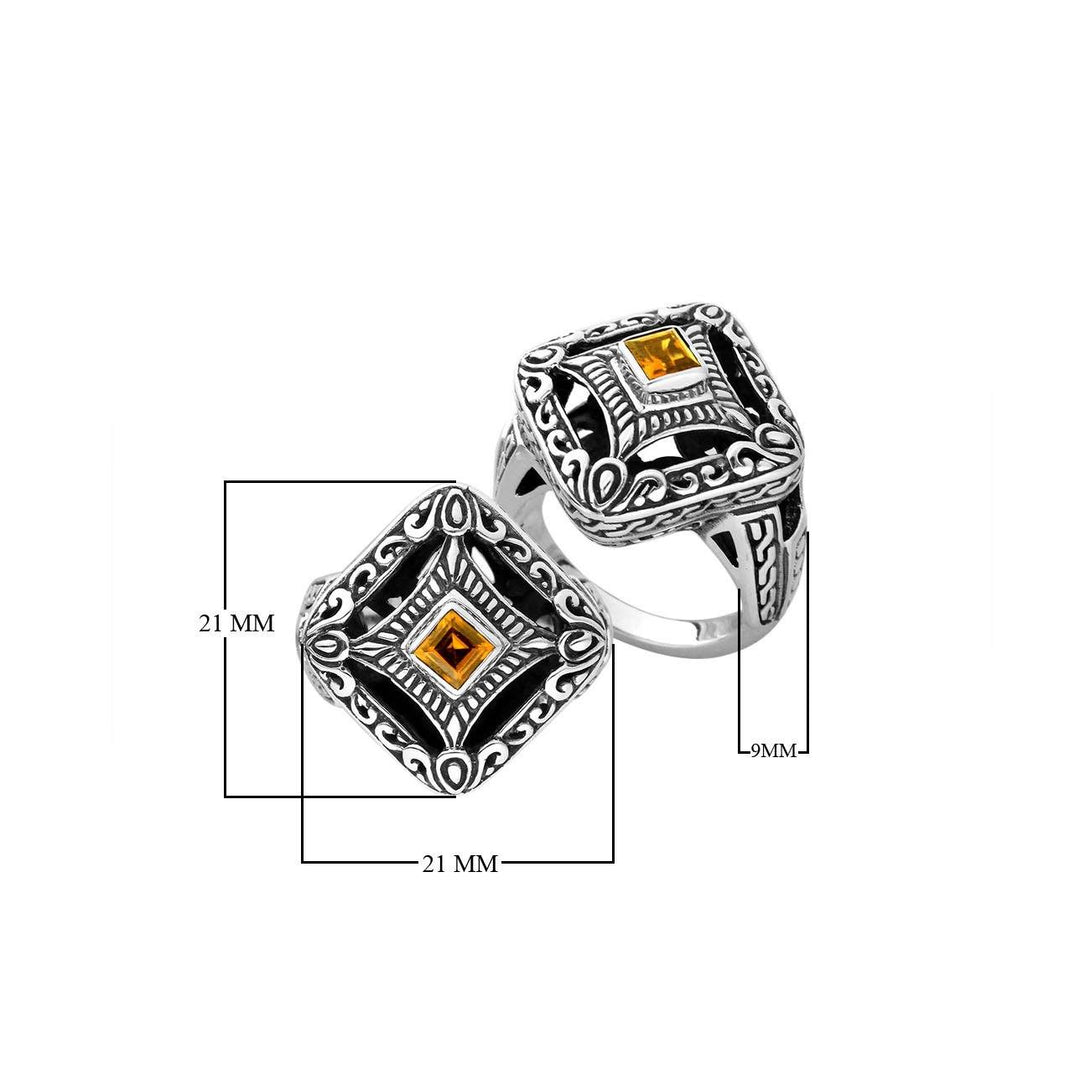 Sterling silver ornate square face ring with Citrine Quartz in Balinese design