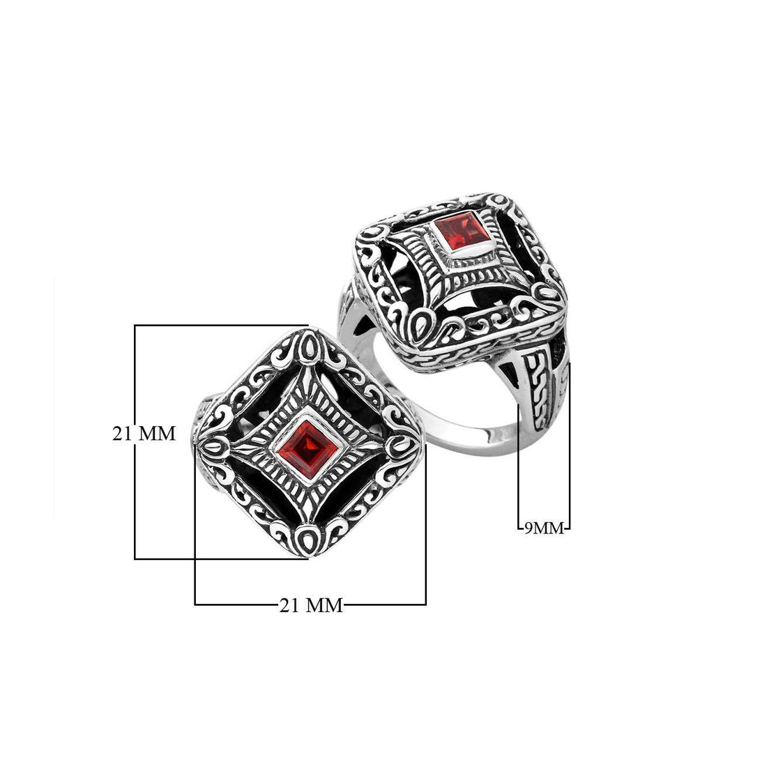 Sterling silver cushion shape ring with Garnet Quartz in Balinese design