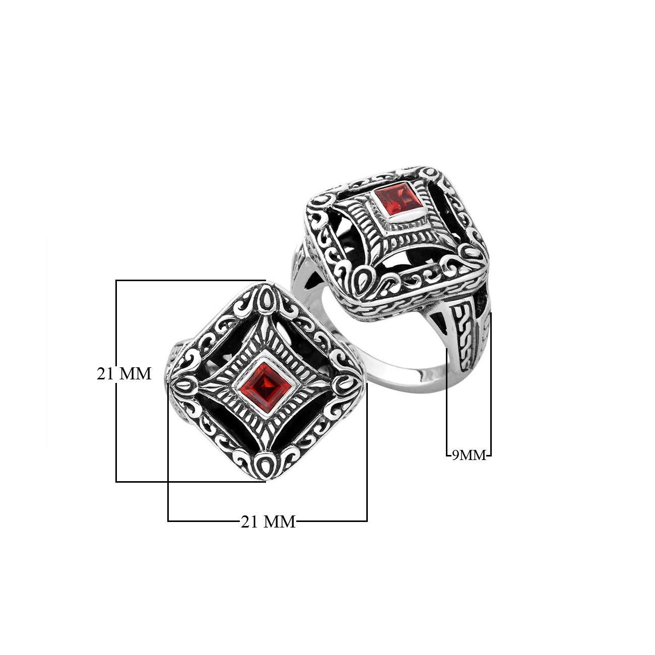 Sterling silver cushion shape ring with Garnet Quartz in Balinese design