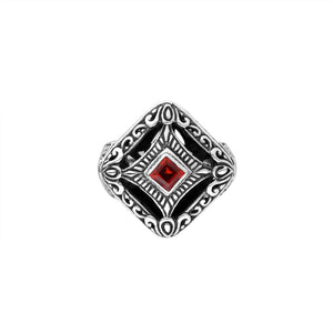 Sterling silver cushion shape ring with Garnet Quartz in Balinese design