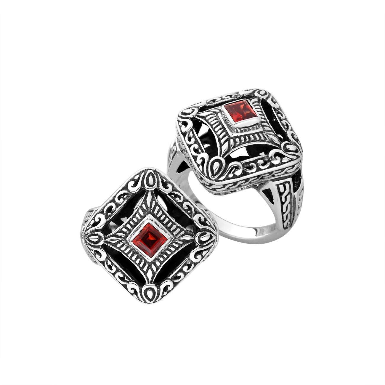 Sterling silver cushion shape ring with Garnet Quartz in Balinese design