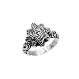 Sterling silver eight point star ring in Balinese engraved design
