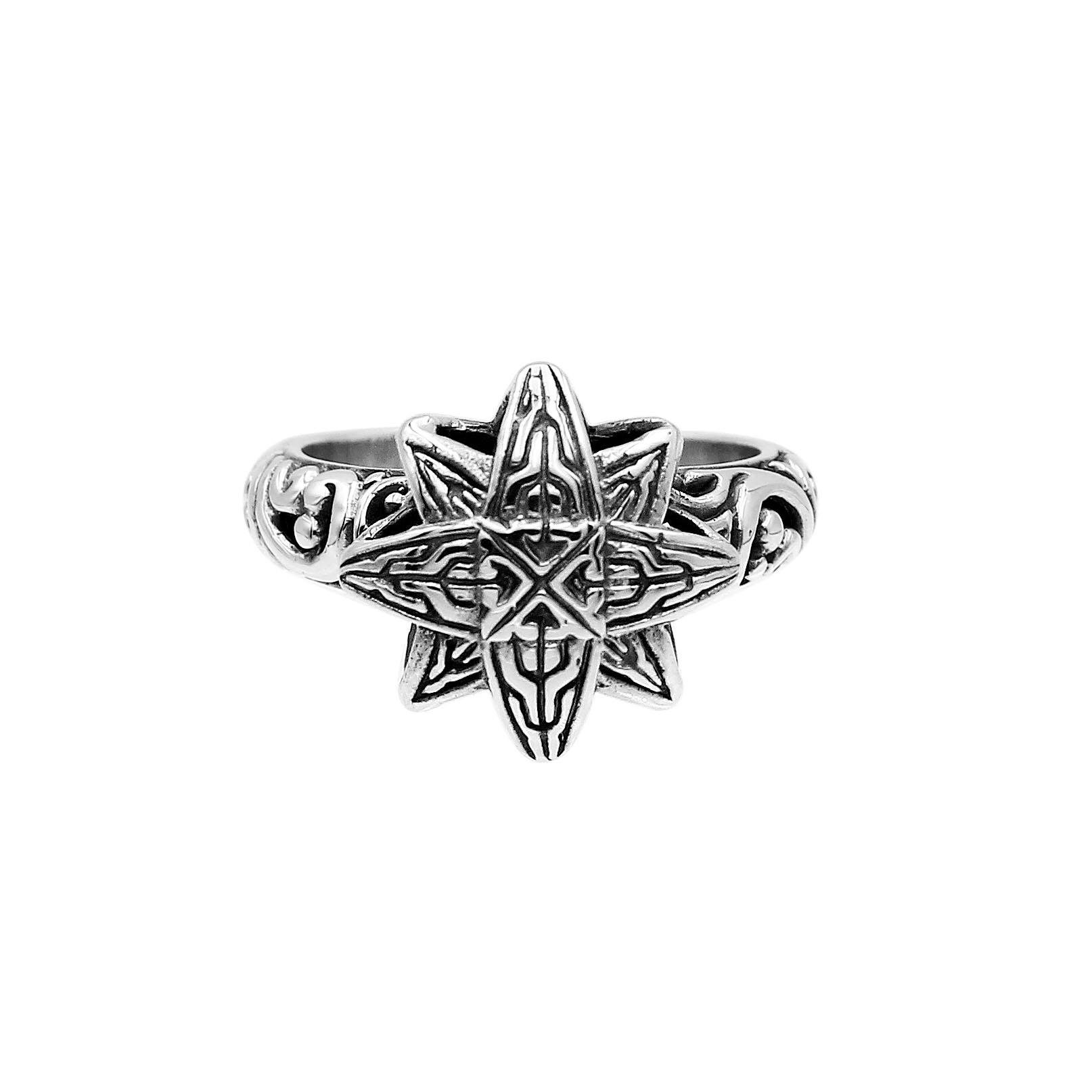 Sterling silver eight point star ring in Balinese engraved design
