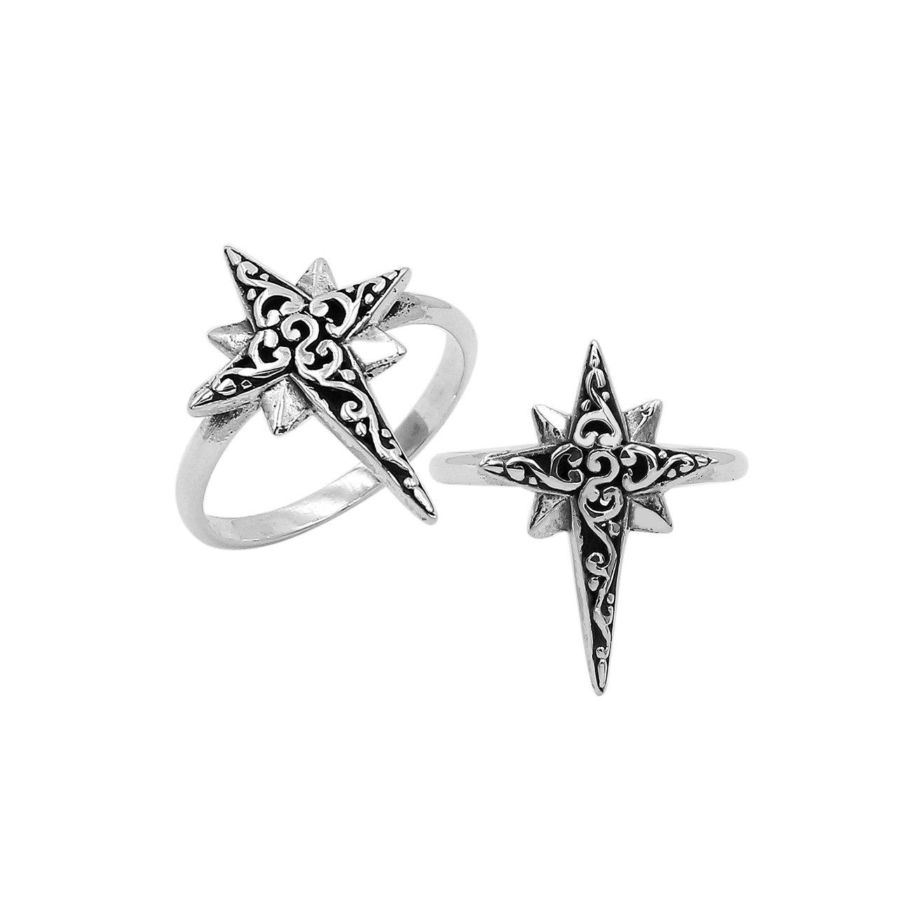 Sterling silver compass shape ring with elegant designer detailing
