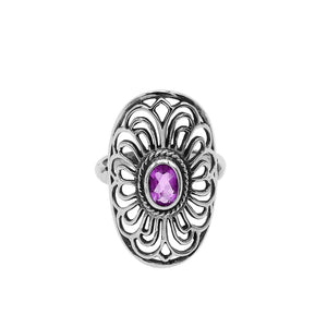 Sterling Silver Oval Shape Ring With Amethyst Quartz In Balinese Designer Style