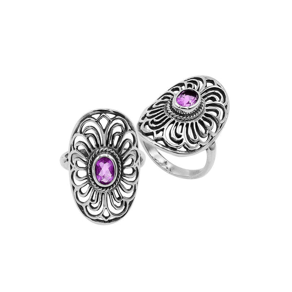 AR-6306-AM-8'' Sterling Silver Oval Shape Ring With Amethyst Jewelry Bali Designs Inc 