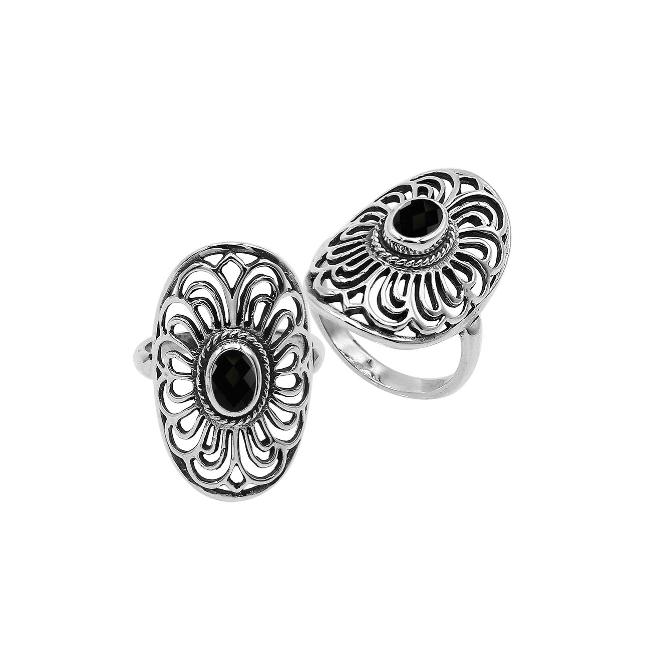 Sterling Silver Oval Shape Ring With Black Onyx In Balinese Designer Style