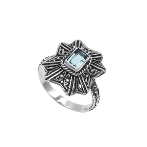 Sterling Silver Designer Ring With Blue Topaz Quartz In Balinese Style