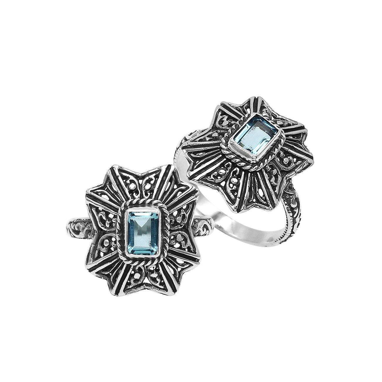 Sterling Silver Designer Ring With Blue Topaz Quartz In Balinese Style