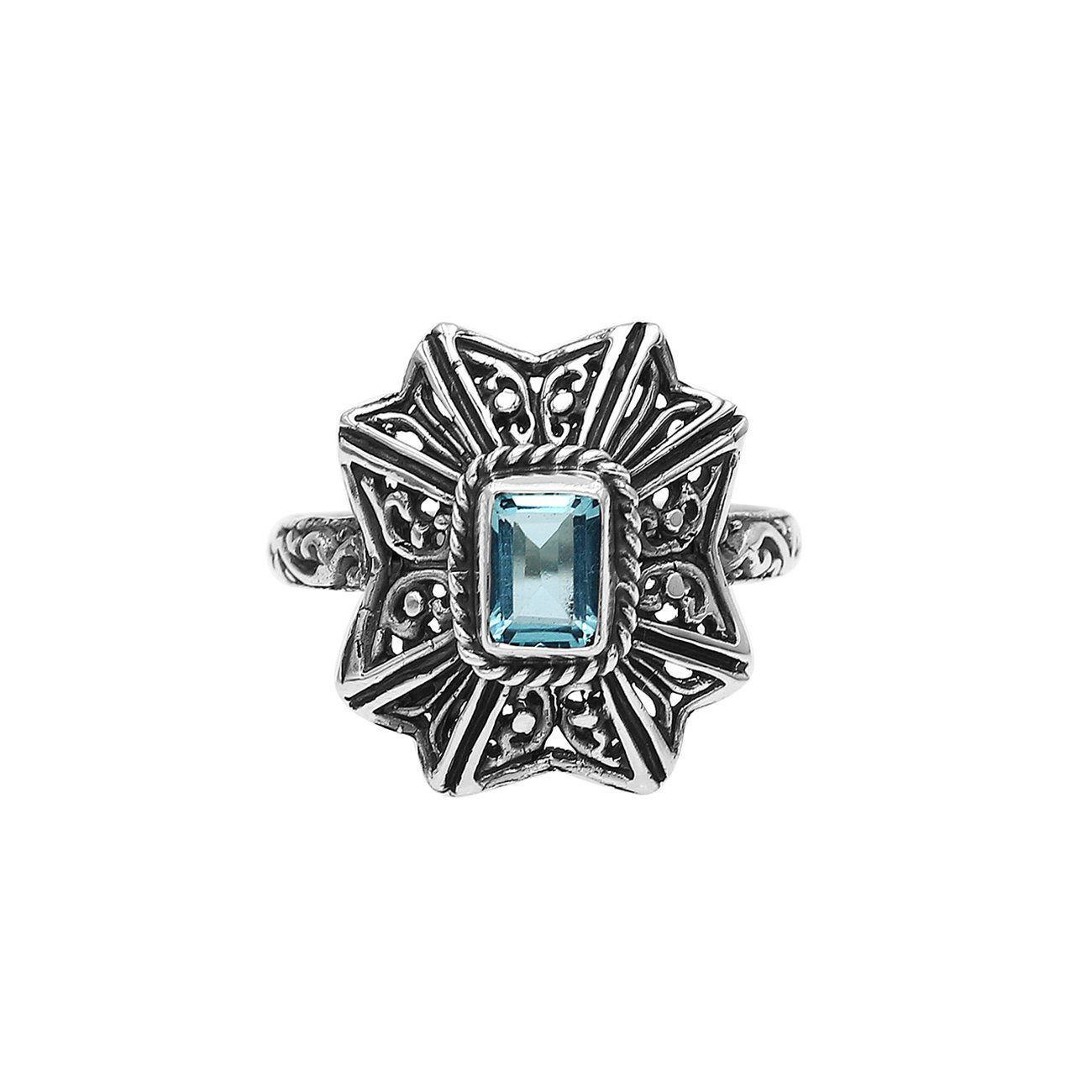 Sterling Silver Designer Ring With Blue Topaz Quartz In Balinese Style