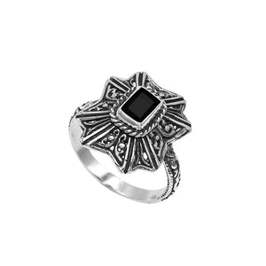 Sterling Silver Black Onyx Ring In Traditional Balinese Designer Pattern