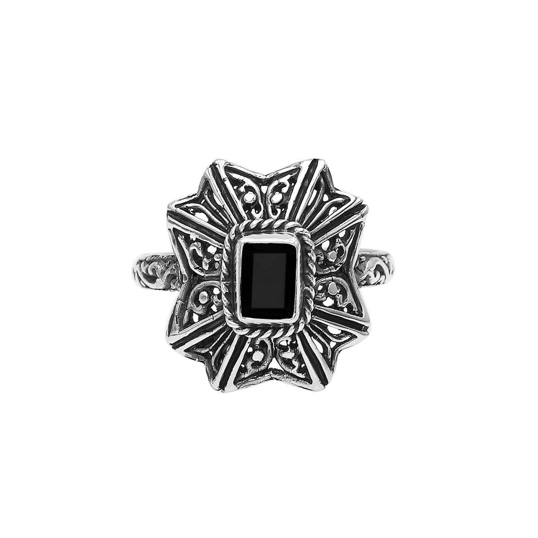 Sterling Silver Black Onyx Ring In Traditional Balinese Designer Pattern