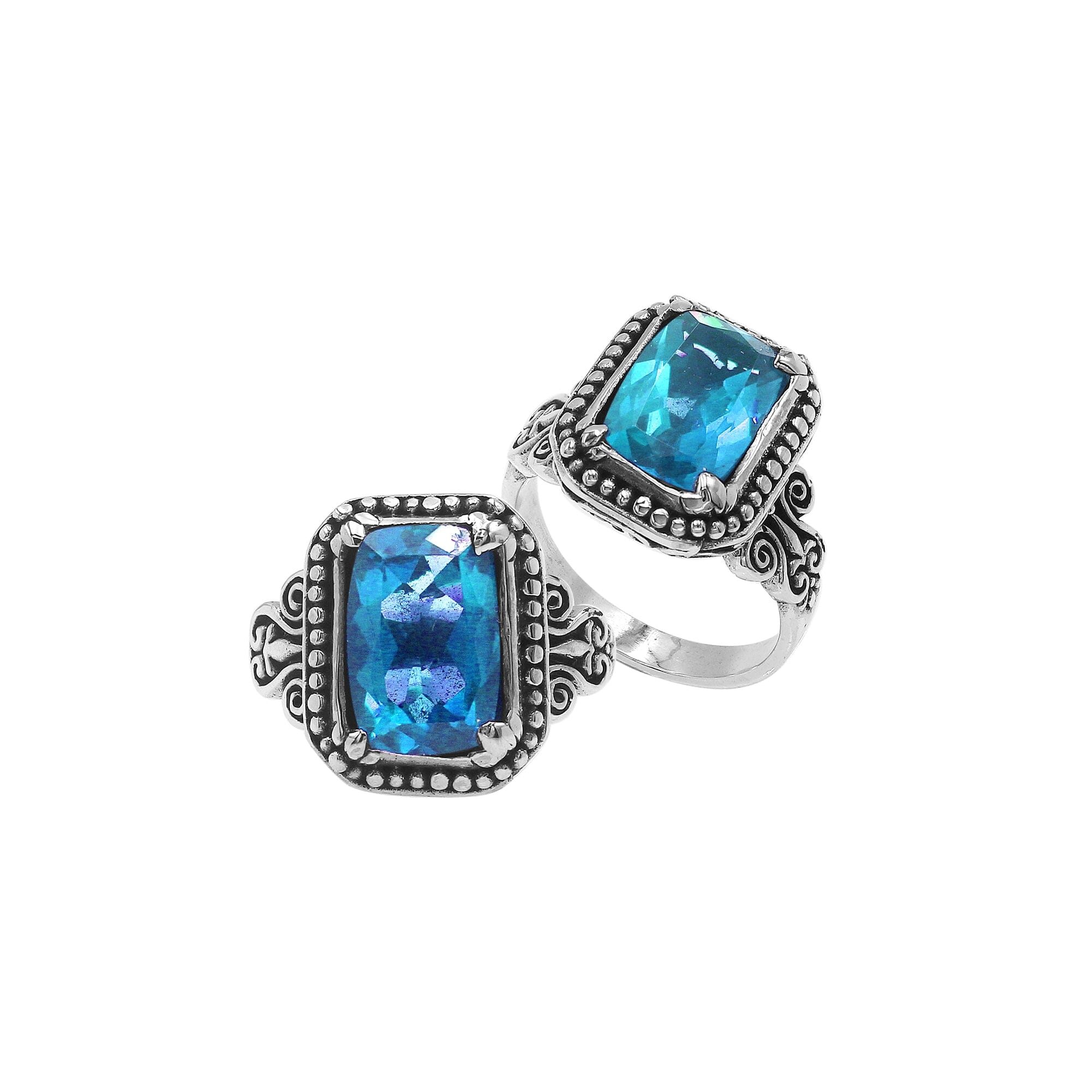Sterling Silver Rectangular Ring With Blue Topaz Quartz In Balinese Designer Setting