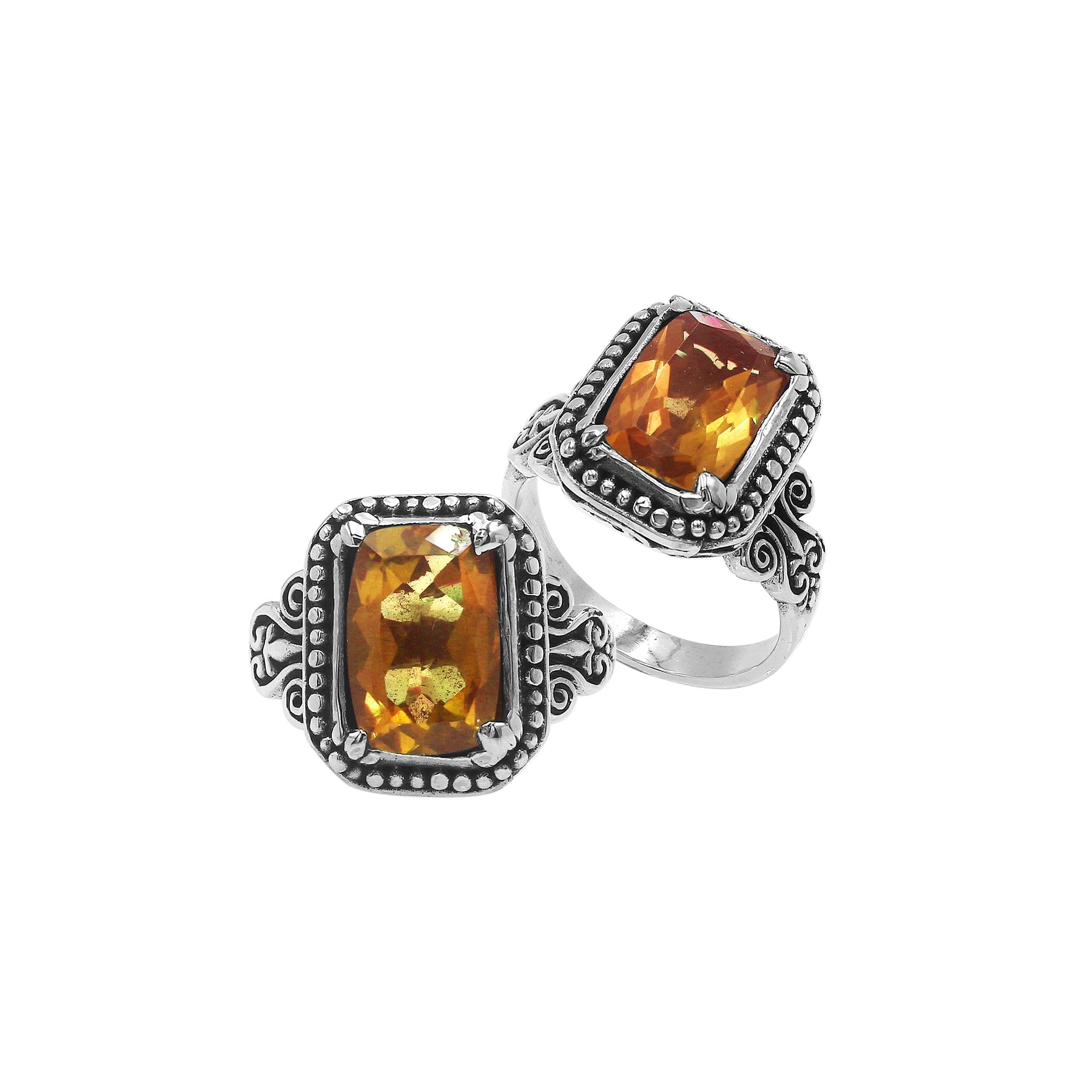 Sterling Silver Rectangular Ring With Citrine Quartz In Balinese Designer Setting