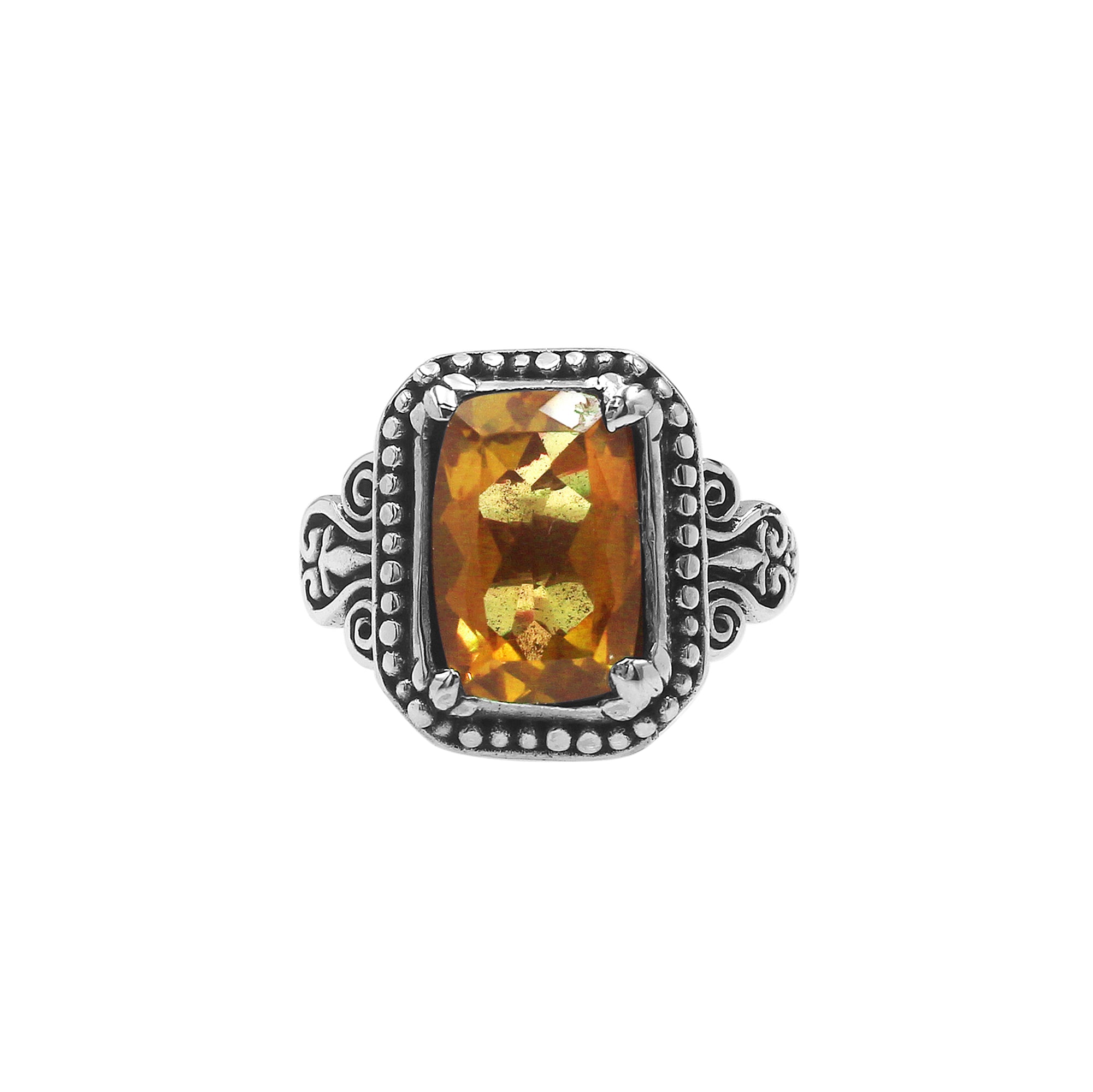 Sterling Silver Rectangular Ring With Citrine Quartz In Balinese Designer Setting