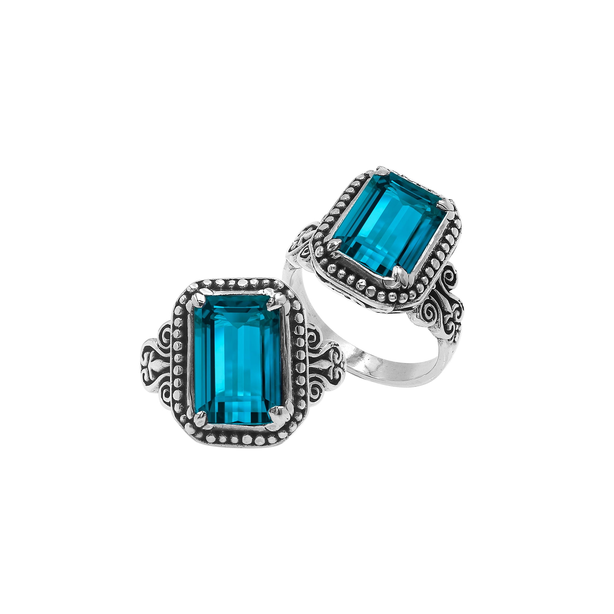 Sterling Silver Rectangular Ring With London Blue Topaz Quartz In Balinese Designer Setting