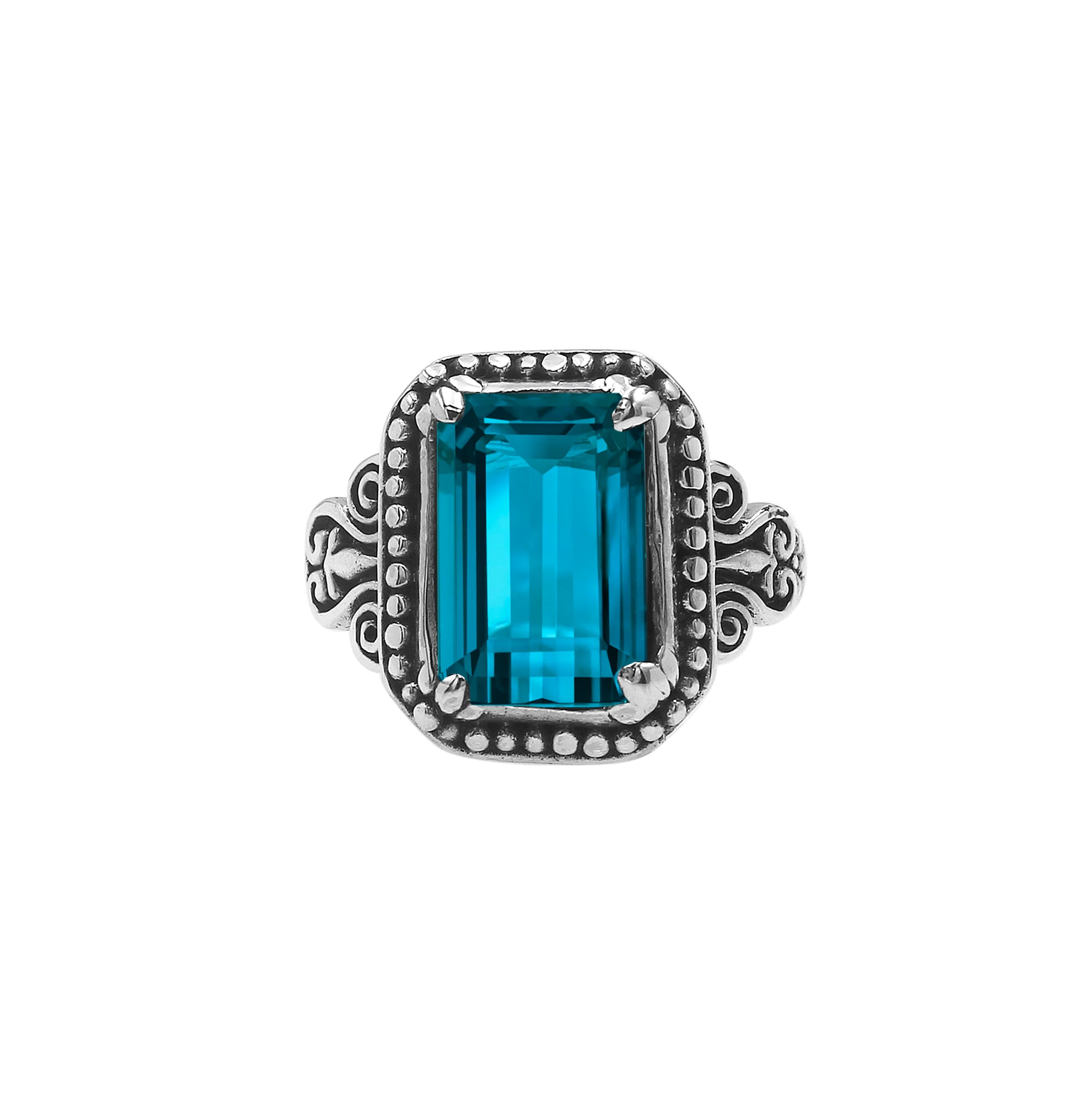 Sterling Silver Rectangular Ring With London Blue Topaz Quartz In Balinese Designer Setting