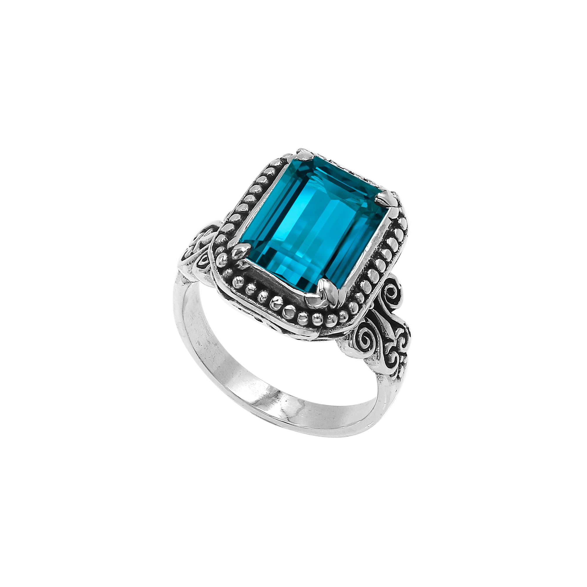 Sterling Silver Rectangular Ring With London Blue Topaz Quartz In Balinese Designer Setting