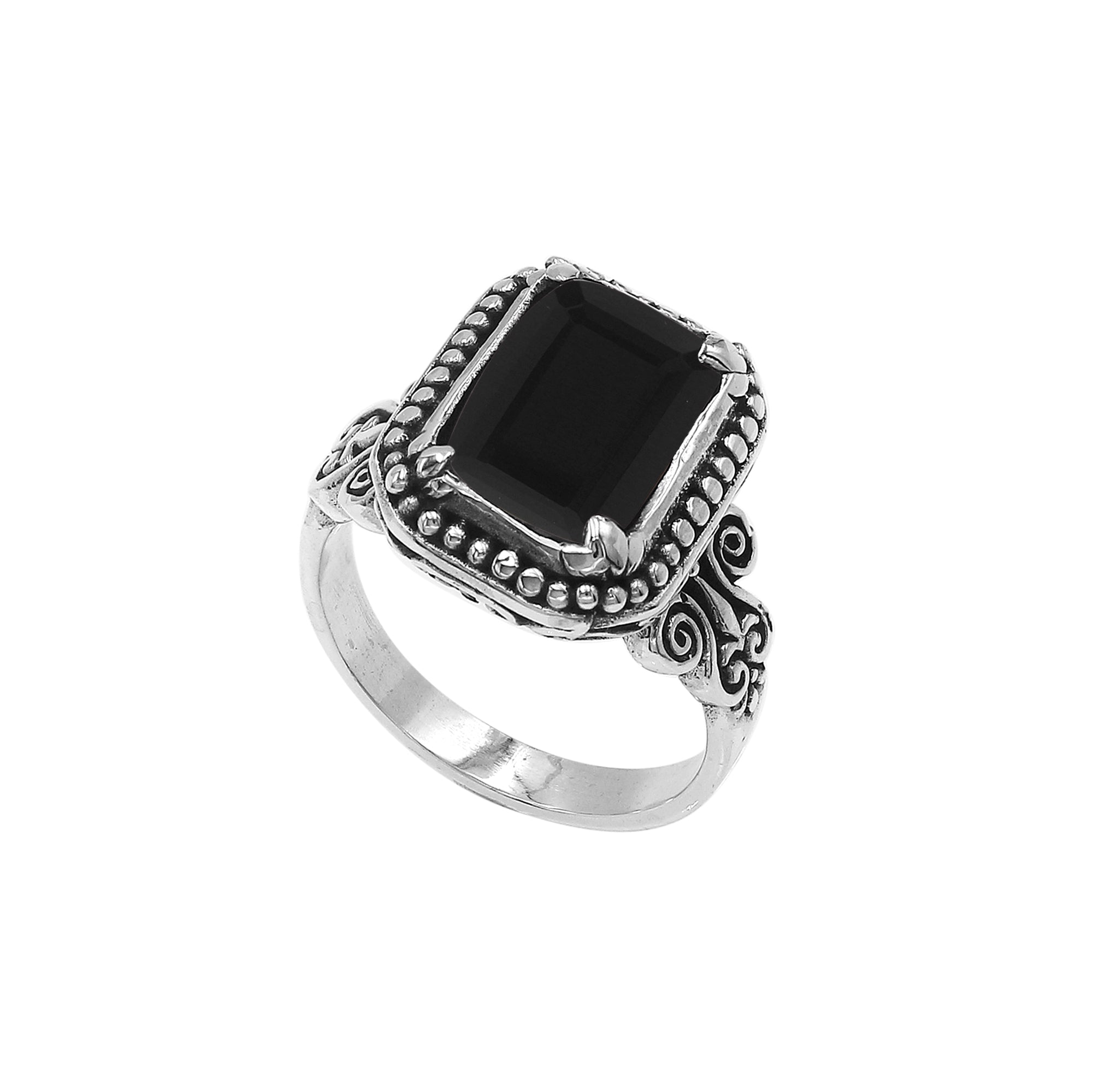 Sterling Silver Rectangular Ring With Black Onyx Quartz In Balinese Designer Setting