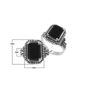 Sterling Silver Rectangular Ring With Black Onyx Quartz In Balinese Designer Setting