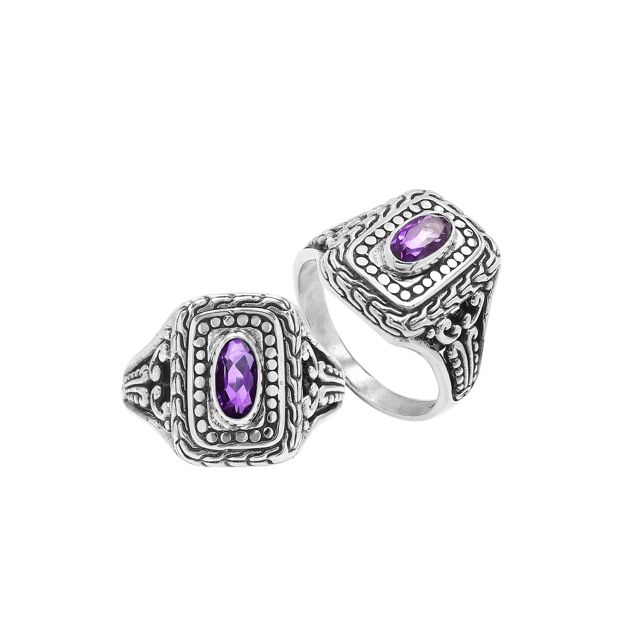 Sterling Silver Rectangular Ring With Amethyst Quartz In Balinese Designer Pattern